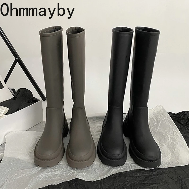 

Chunky Women Knight Knee-high Boots PU Leather Ladies Zippers Platform Flats Shoes Fashion Winter Long Boots botas mujer 2022