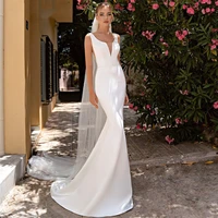 white satin mermaid wedding dresses for women 2022 simple sleeveless open back boat neck bride bridal gown vestidos de novia