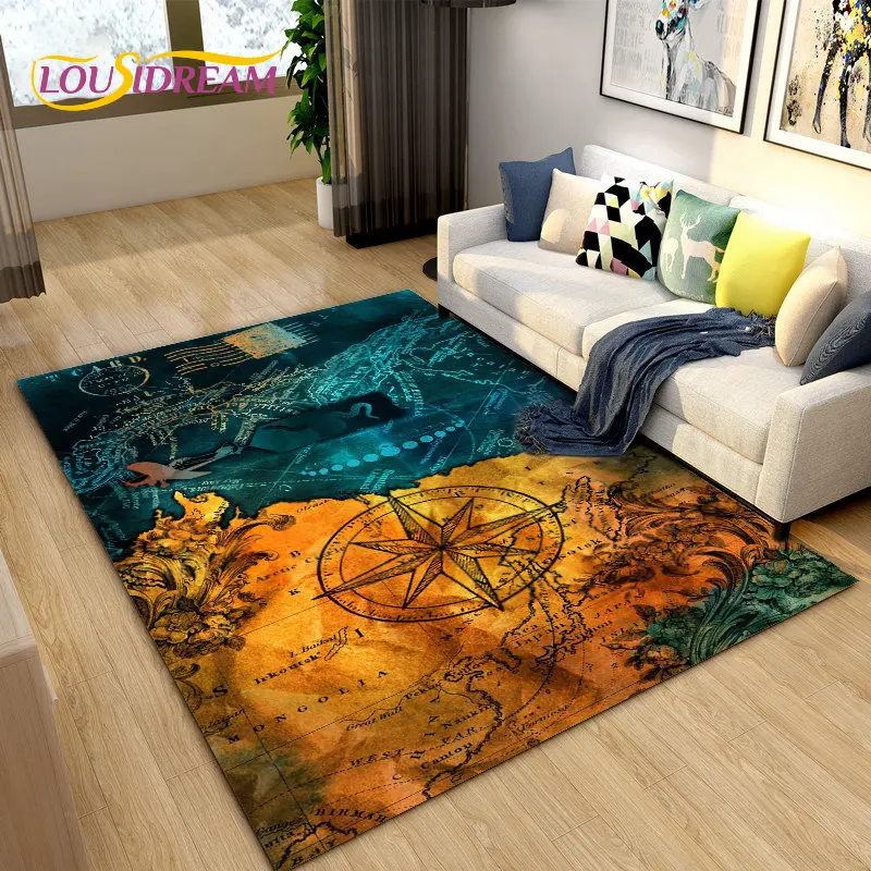 

3D Retro Compass Map World Map Area Rug,Carpet Rug for Living Room Bedroom Sofa Decoration,Kitchen Doormat Non-slip Floor Mat