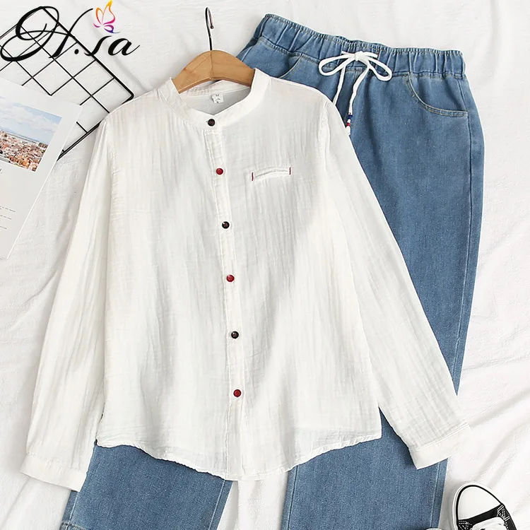 

Hsa 2022 Spring And Autumn Korean Style Cotton Yarn Long Sleeves Blusa Women's Stand Collar Solid Color Loose Button Up Shirt