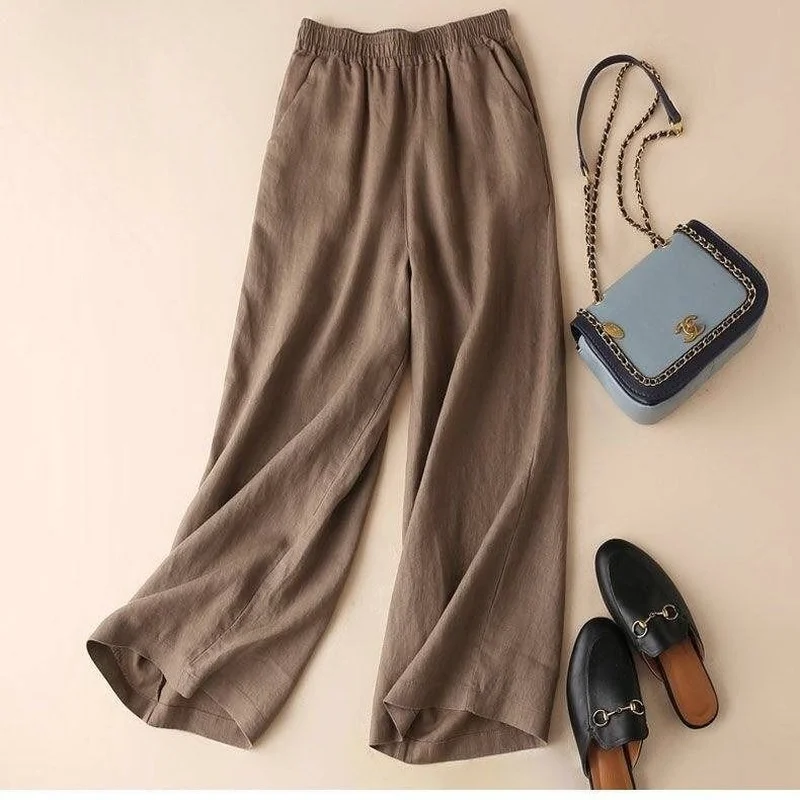 

100% Cotton Wide Leg Pants Women's 2022 New Cotton Linen Large Size High Waist Loose Nine Points Pants Women's Casual Pants