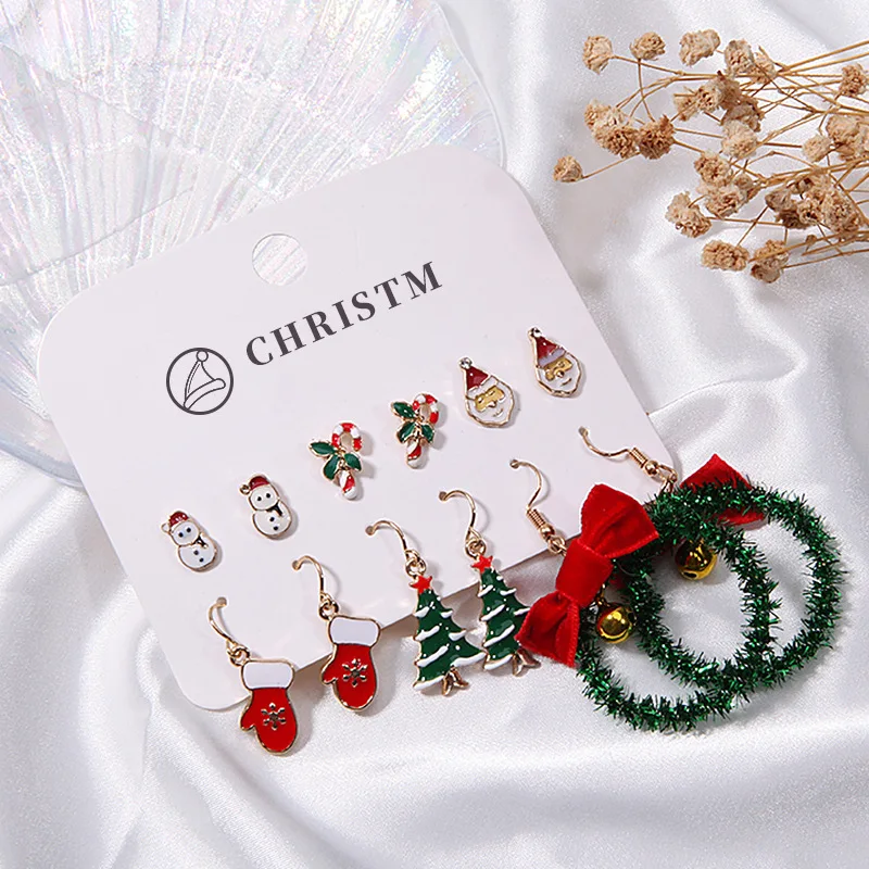 

6pcs/set Christmas Earrings Set Series Snowman Crutch Earring Christmas Tree Gloves Wreath Earrings Female Jewelry Accessories