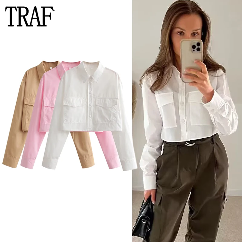

TRAF Cropped White Shirt Women Pockets Button Up Shirt Woman Oversized Shirts and Blouses for Women Long Sleeve Crop Top Female