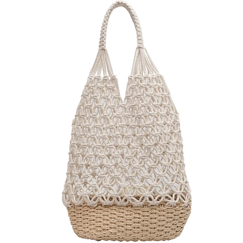 Fashion Women Bag Cotton Thread Summer Beach Bag For Lady Knitted Straw Large Woven Handbag Casual Tote Shoulder Shopping bag