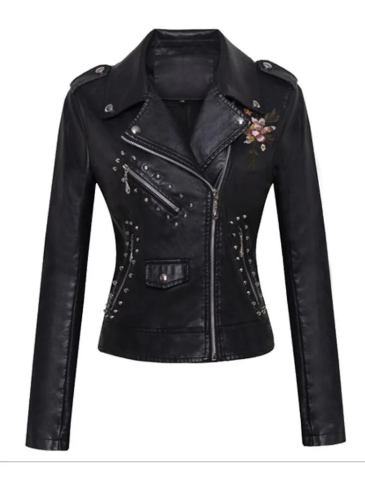 

Women Patchwork Leather Jackets Flower Embroidery Rivets Short Section Pu Leather Small Jackets Casual Motorcycle Coats
