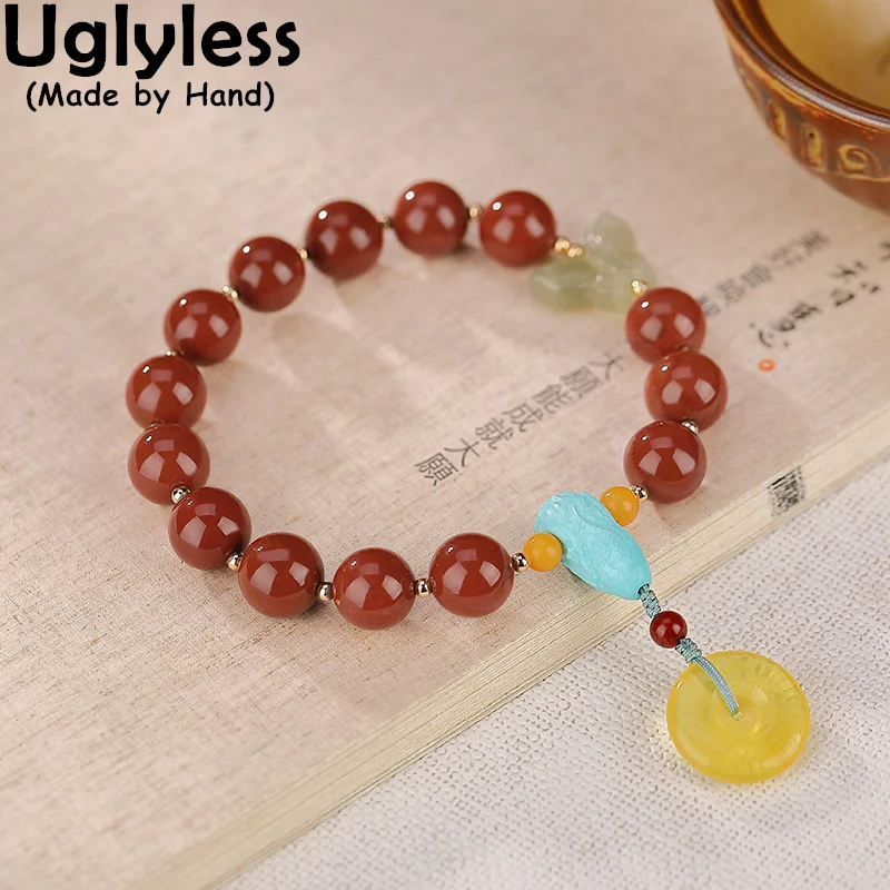 

Uglyless Simple Fashion Gemstones Beads Bracelets for Women Natural Meaty Agate Amber Turquoise Bracelets 925 Sterling Silver