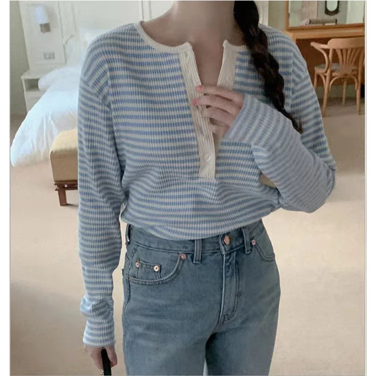 

Korea 2022 Spring Summer New Fashion Snap Button Long Sleeve Striped Inner T Shirt Woman Tshirts