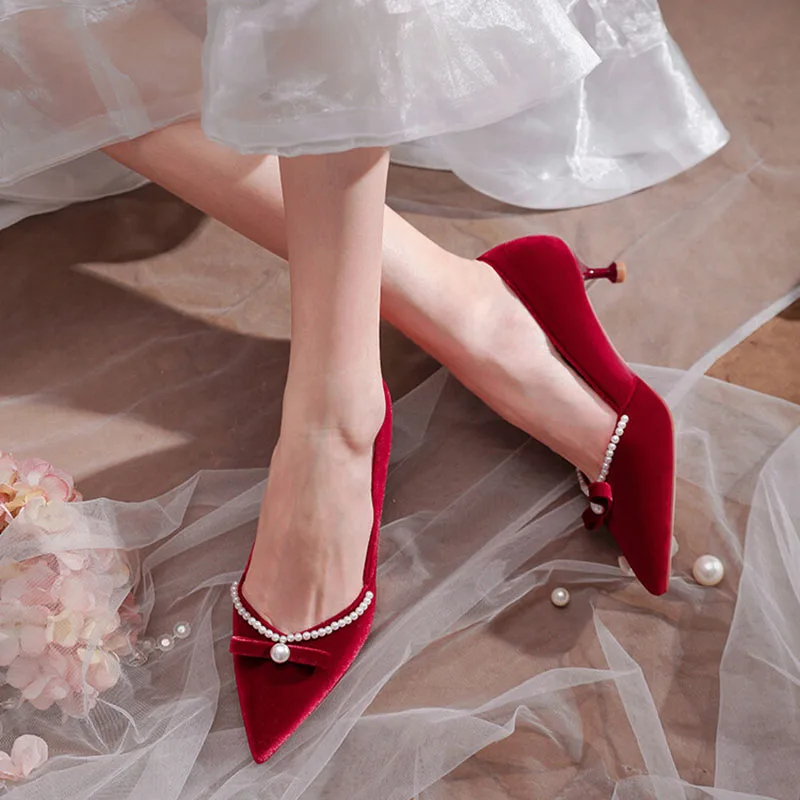 Свадебные туфли Phoentin с жемчугом бархатные элегантные на среднем тонком каблуке