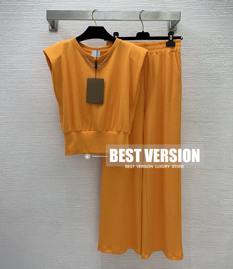 

BEST VERSION Two Pieces Set Outfits Branded Female 22 Spring pure cotton shoulder padded top + Straight-Leg Pants 2 piece Sets