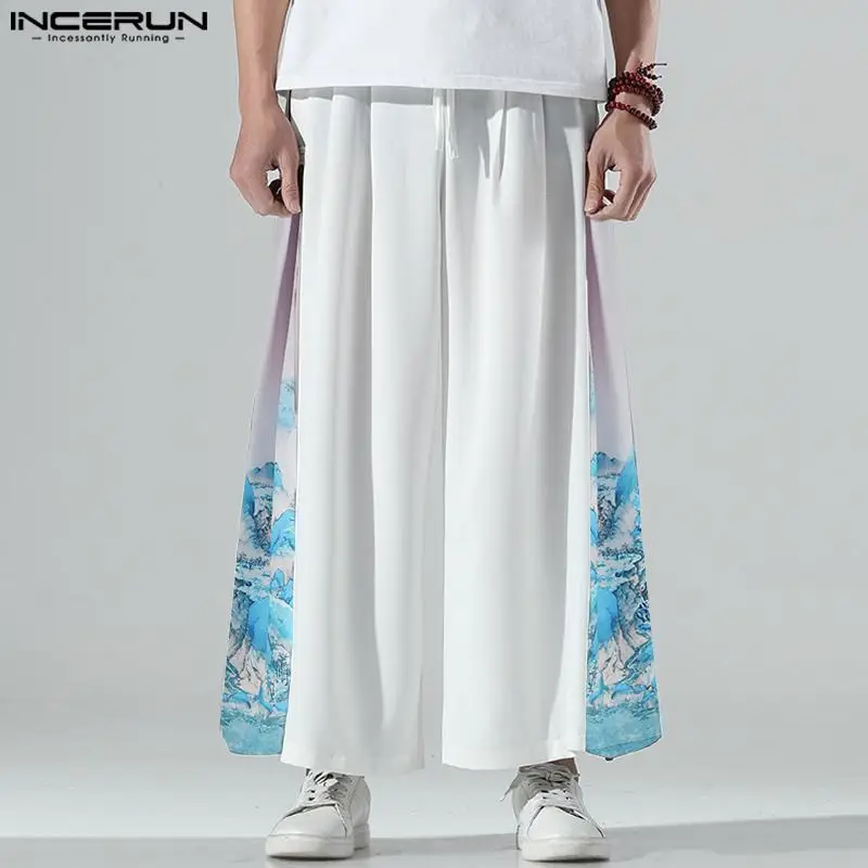 

INCERUN Men Pants Print Patchwork Drawstring Joggers Vintage Casual Wide Leg Trousers Men Streetwear 2023 Leisure Long Pants