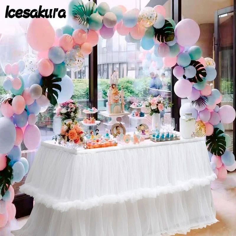 

2022 New Style Mesh Table Skirt Wedding Birthday Party Dessert Decoration Table Irregular Lace Mesh Table Skirt