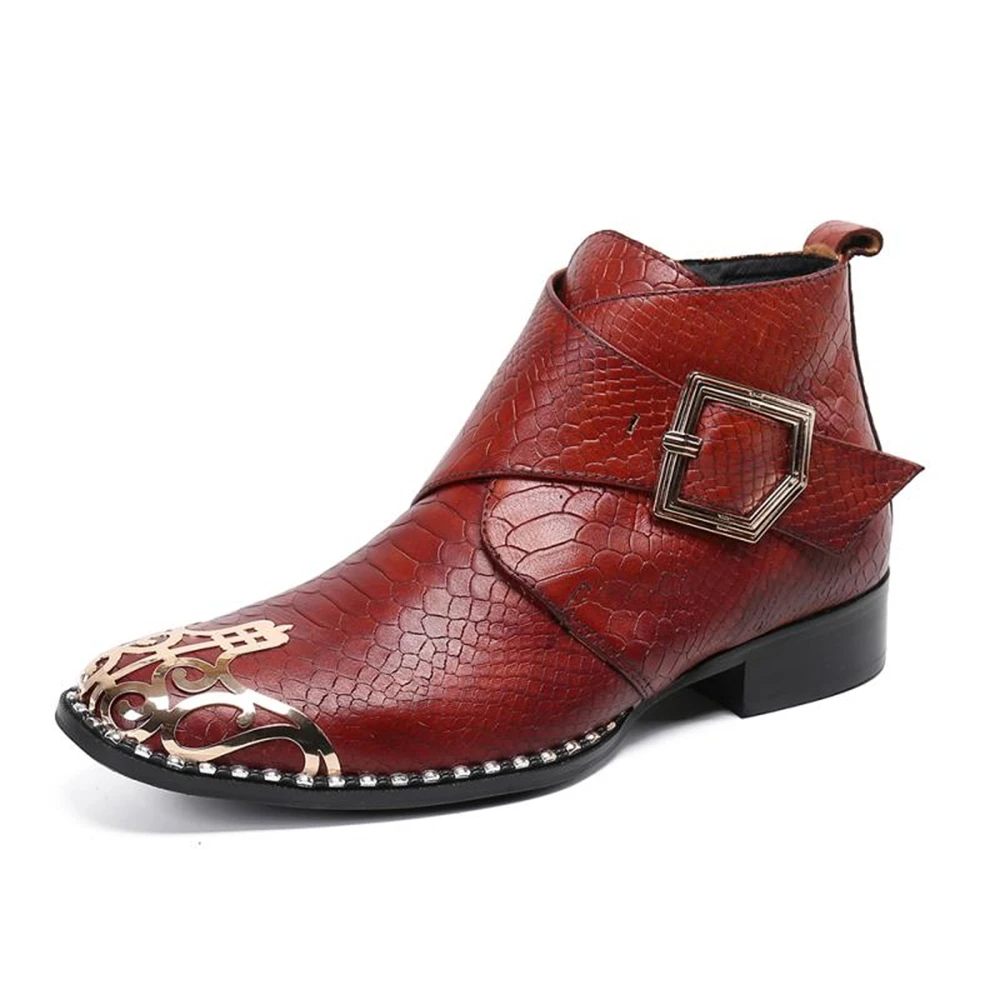 

Red Buckle Bordered With Metal Zip Genuine Leather High Heels Pointed Toe Boots Male Wedding British Style Party Men Dress Shoe