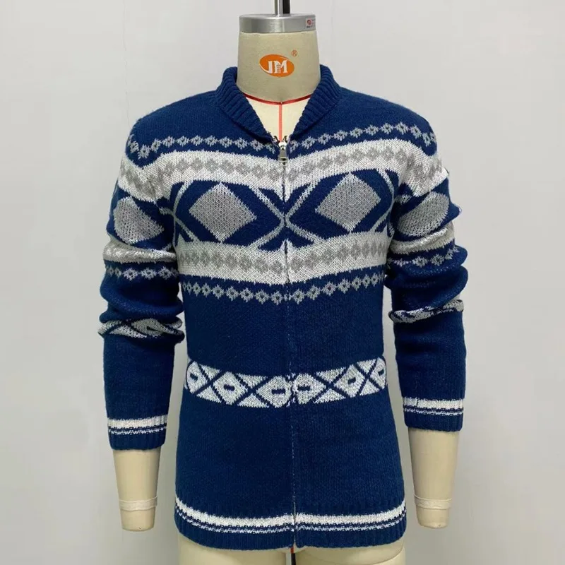 Autumn Winter Knitting Coat Sweater Men Slim-Fit Printed Cardigan Jacket Men Fashion Long Sleeve Zipper Turn-down Collar Sweater