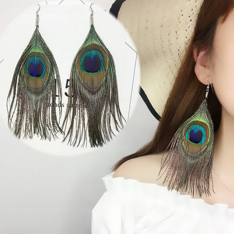 

Peacock Feather Earring Vintage Handmade Tassel Earrings Elegant Temperament Green Blue Feather Drop Earrings For Woman Jewelry