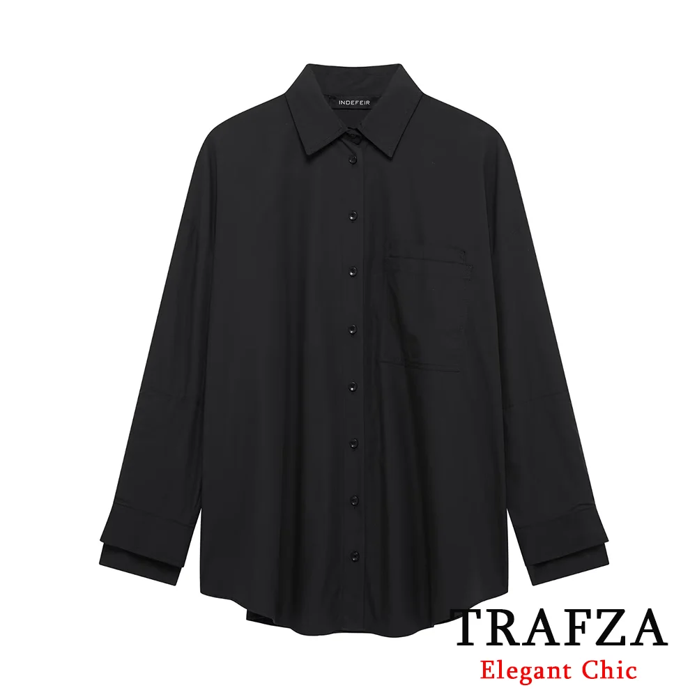 TRAFZA женские повседневные однотонные черные рубашки с лацканами и пуговицами