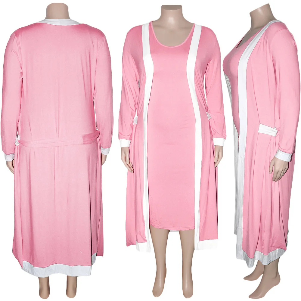Plus Size Two Piece Sets Women Clothing 2021 Fall Clothes Wholesale Dress with Belt Long Sleeve Coat Matching 3xl 4xl 5xl 6xl
