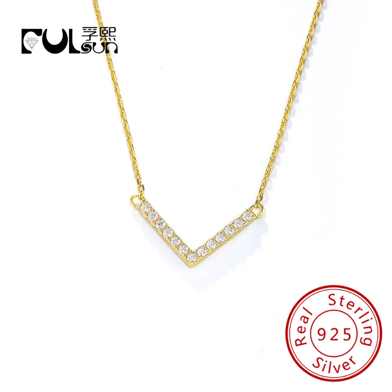 

Plating 14 Gold Bar V Necklace Anniversary Gift 925 Sterling Silver dainty cubic zircon Letter necklace For women Bridal