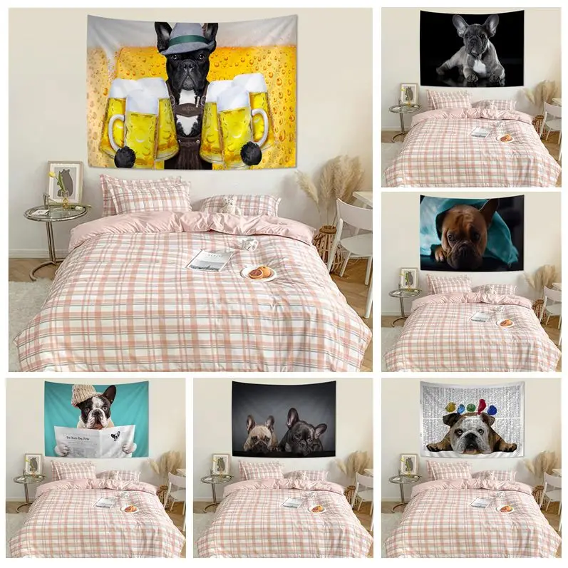 

Cute Animals French Bulldog Colorful Tapestry Wall Hanging Hippie Flower Wall Carpets Dorm Decor Kawaii Room Decor