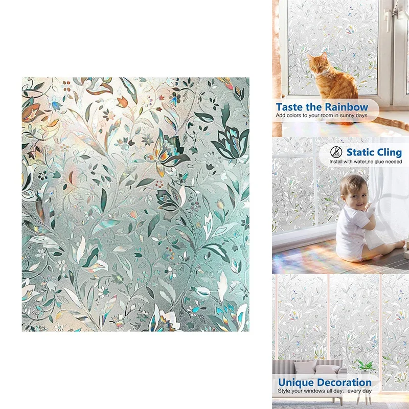 

3D Rainbow Window Film Stained Glass Vinyl Static Non Adhesive Film Opaque Privacy Protective Tint-ABUX