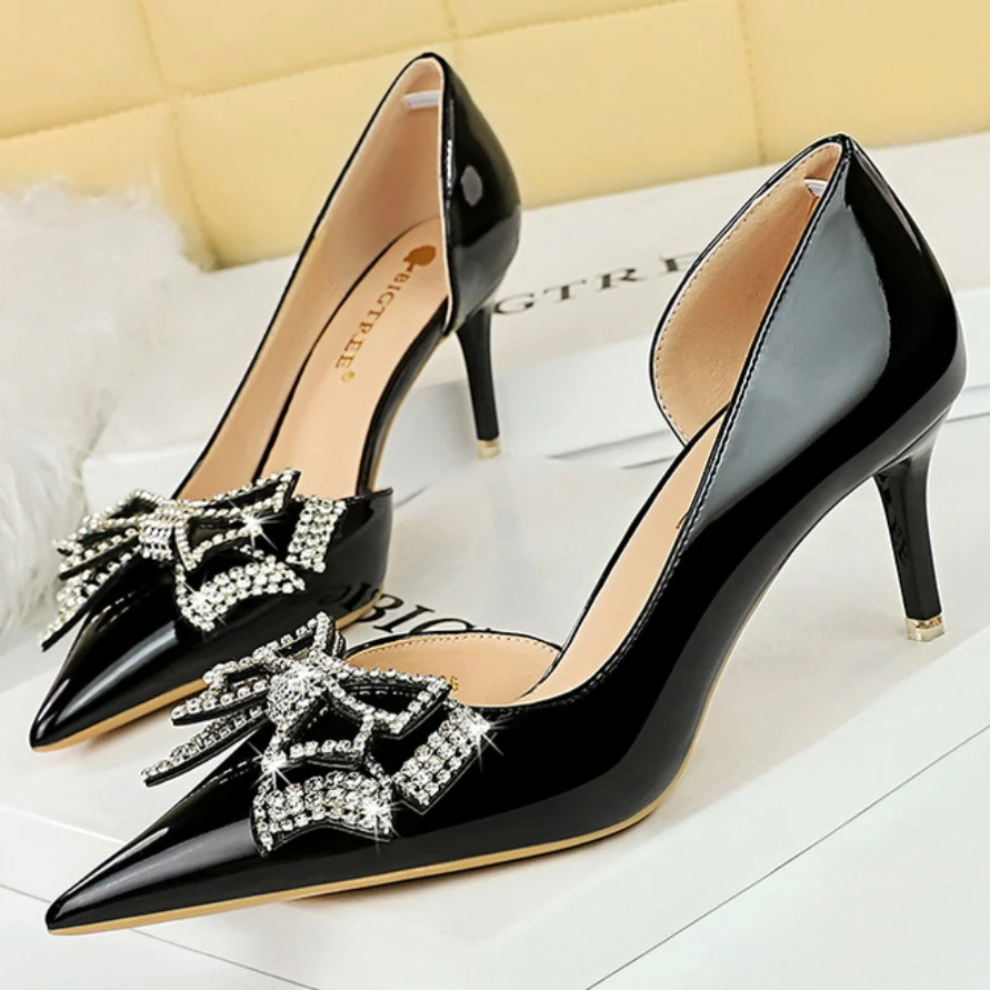 

BIGTREE Shoes Bowknot Design Women Shoes Kitten Heels Rhinestone Luxury Banquet Shoes Women Pumps Patent Leather Stilettos Heels