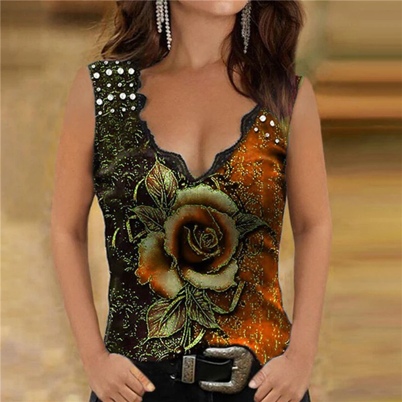 

Майка женская с V-образным вырезом, Модный повседневный Свободный Топ с принтом, без рукавов, одежда на лето