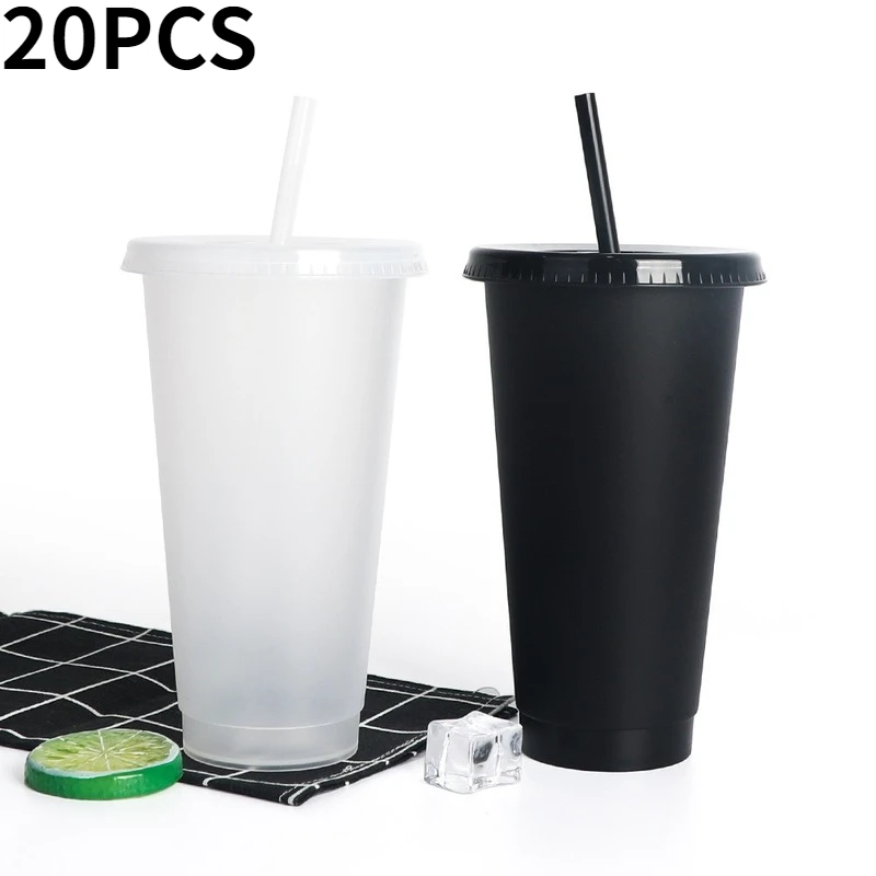 

20PCS 710ml Black White Straw Cup With Lid Color Change Coffee Cup Reusable Cups Plastic Tumbler Matte Finish Coffee Mug