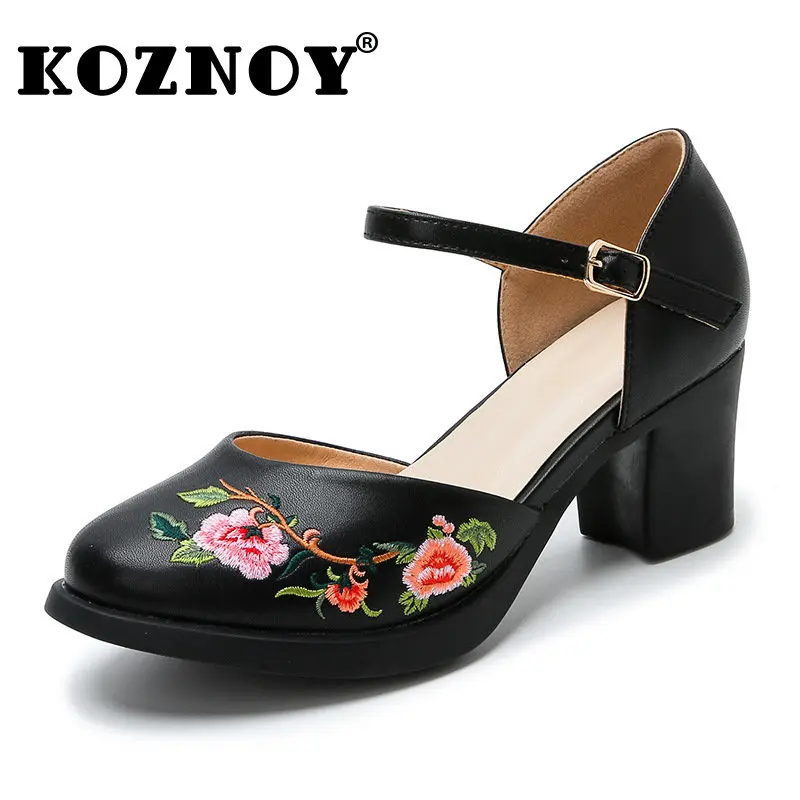 

Koznoy 6cm New Genuine Leather Embroider Women Moccasins Females Sandals Chunky Heels Summer Soft Soled Buckle Strap Comfy Shoes