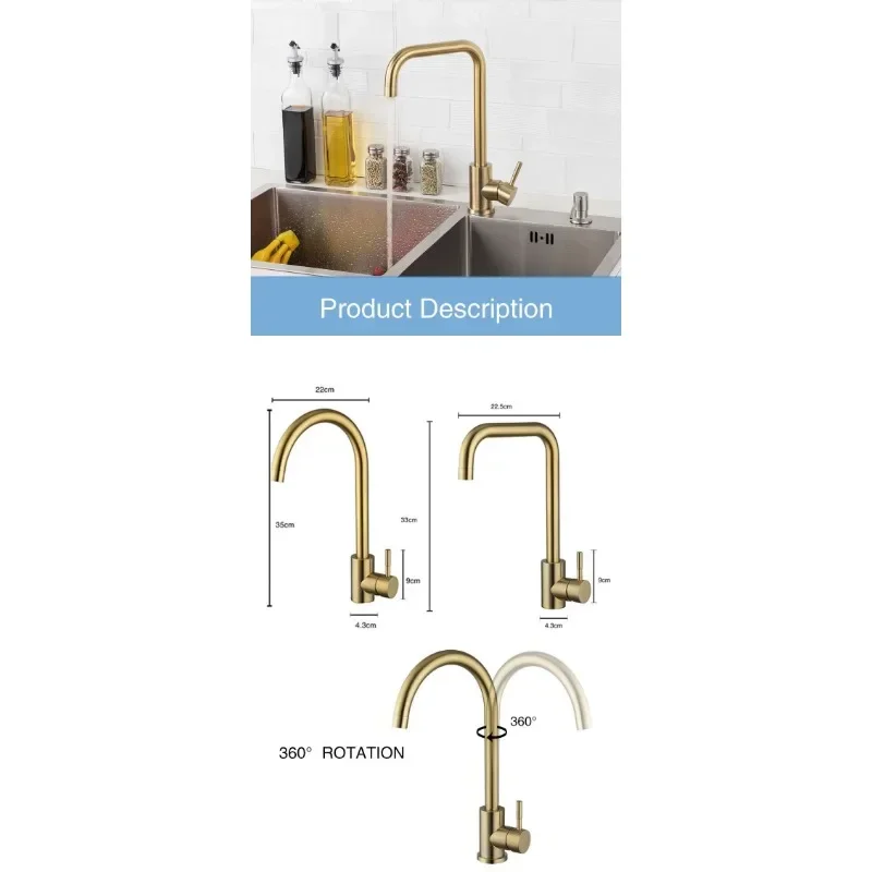 Grifo dorado de acero inoxidable para cocina lavabo mezcla agua fría и caliente