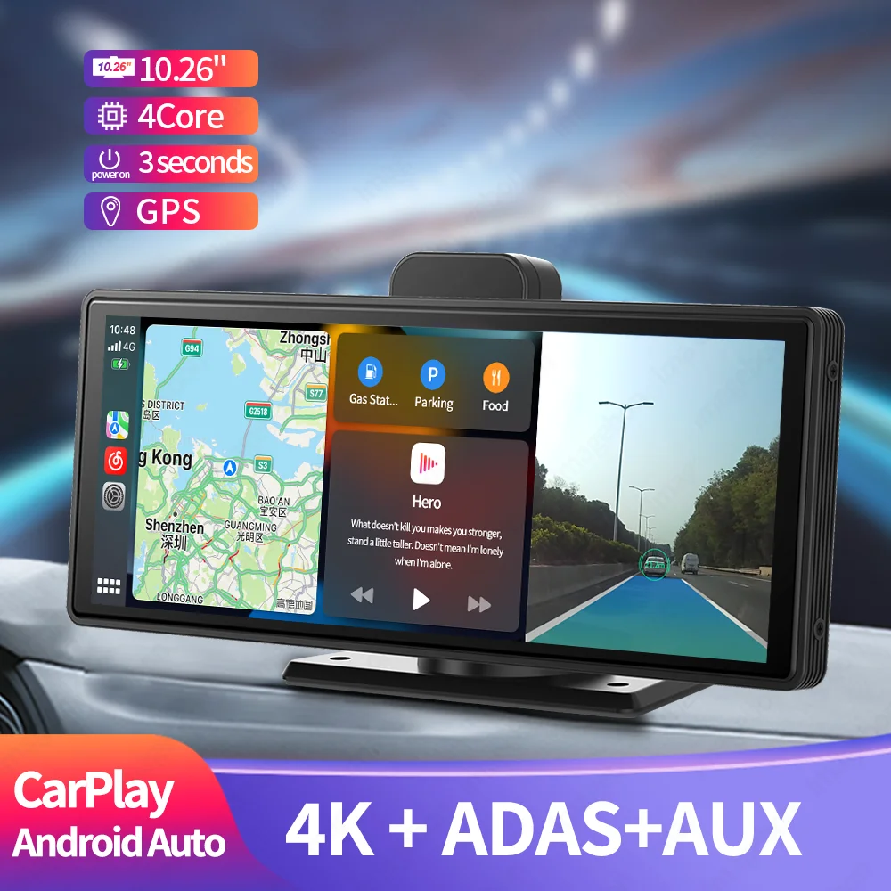 10.26" 4K Car DVR CarPlay Android Auto ADAS Dash Cam WiFi AUX GPS FM Rearview Mirror Camera Video Recorder Dashboard 24h Park