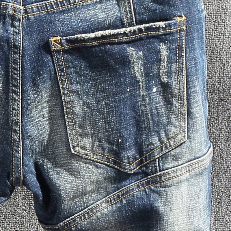 Street Fashion Designer Ripped Jeans Men Retro Blue Biker Jeans Homme Hip Hop Slim Denim Pants Men Stretch Patch Hole Trousers