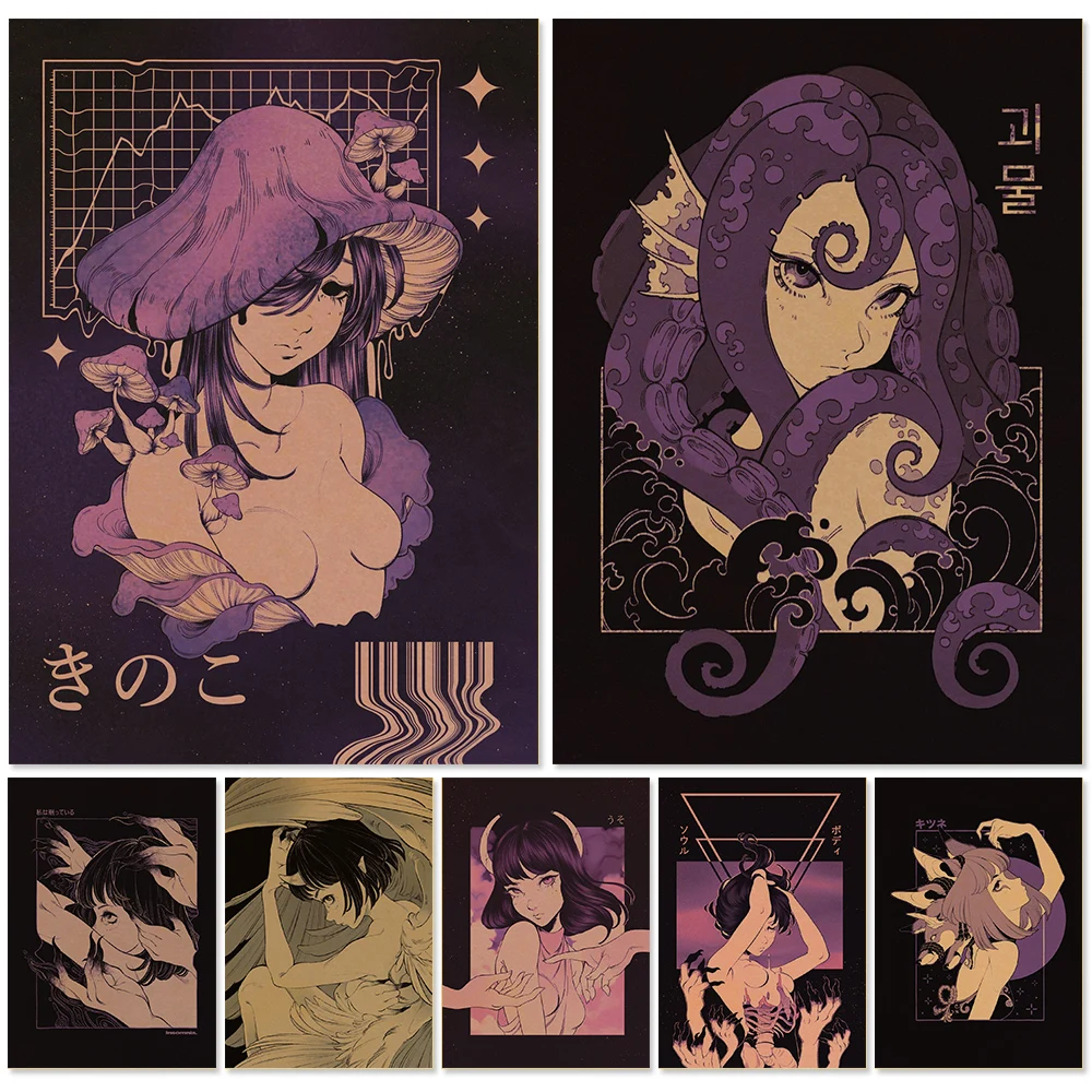 ANJUJU фиолетовая клетка в рубчик тревога мультфильм ретро постер шикарное