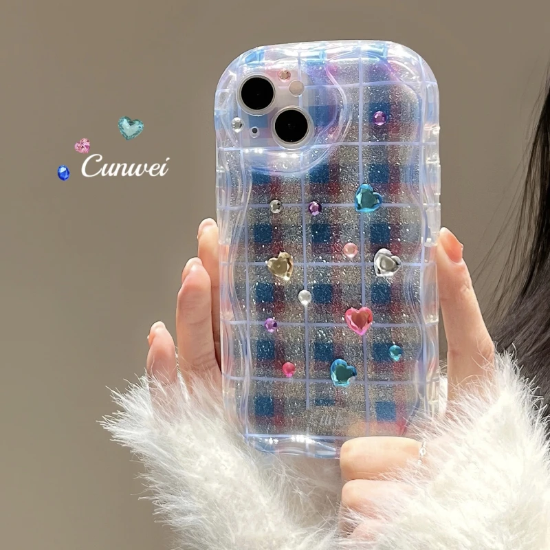 

Original Korea DIY Rainbow Glitter Love Heart Gem Case For IPhone 14 13 12 11 Pro Max XS XR Soft Shining Plaid Wavey Clear Cover