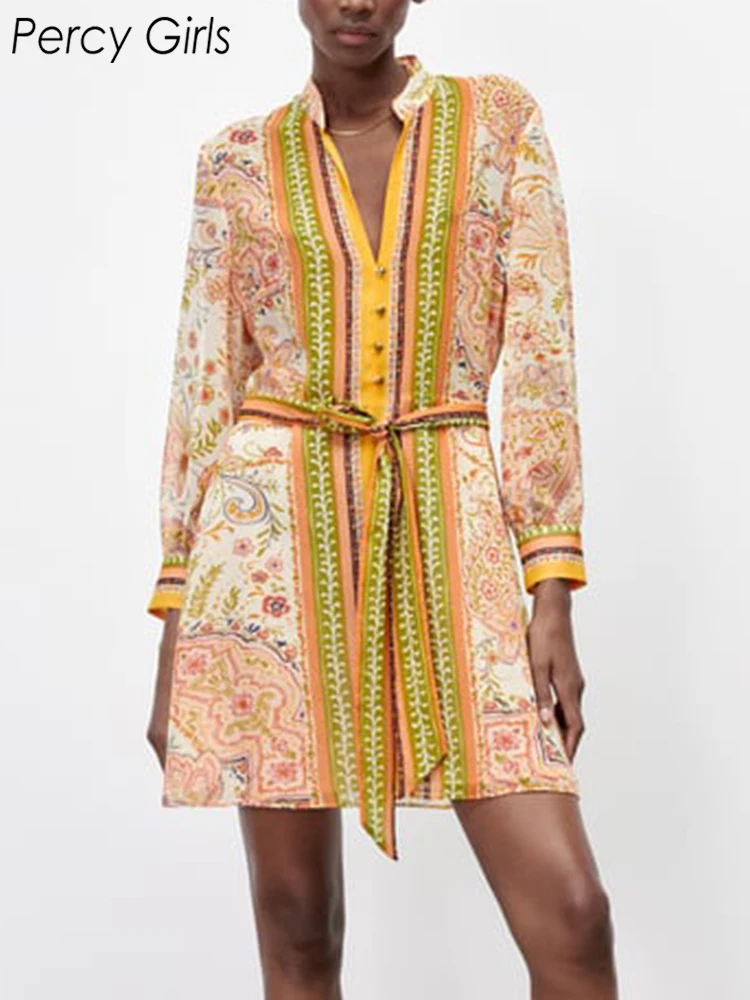 

New ZA Summer Bohemian Style Vintage Floral Print Mini Dress Women Holiday Chic Long Sleeve Bow Tie Sashes Dresses Female