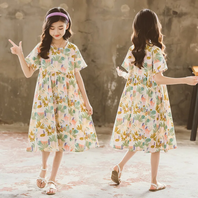 

2022 летнее Новое модное платье для девочек с цветочным принтом, элегантное платье принцессы для маленьких девочек, детские хлопковые платья ...