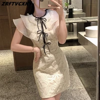 new summer elegant embroidery dress women vintage bow 2022 ruffles o collar apricot dress hollow out business ladies clothing