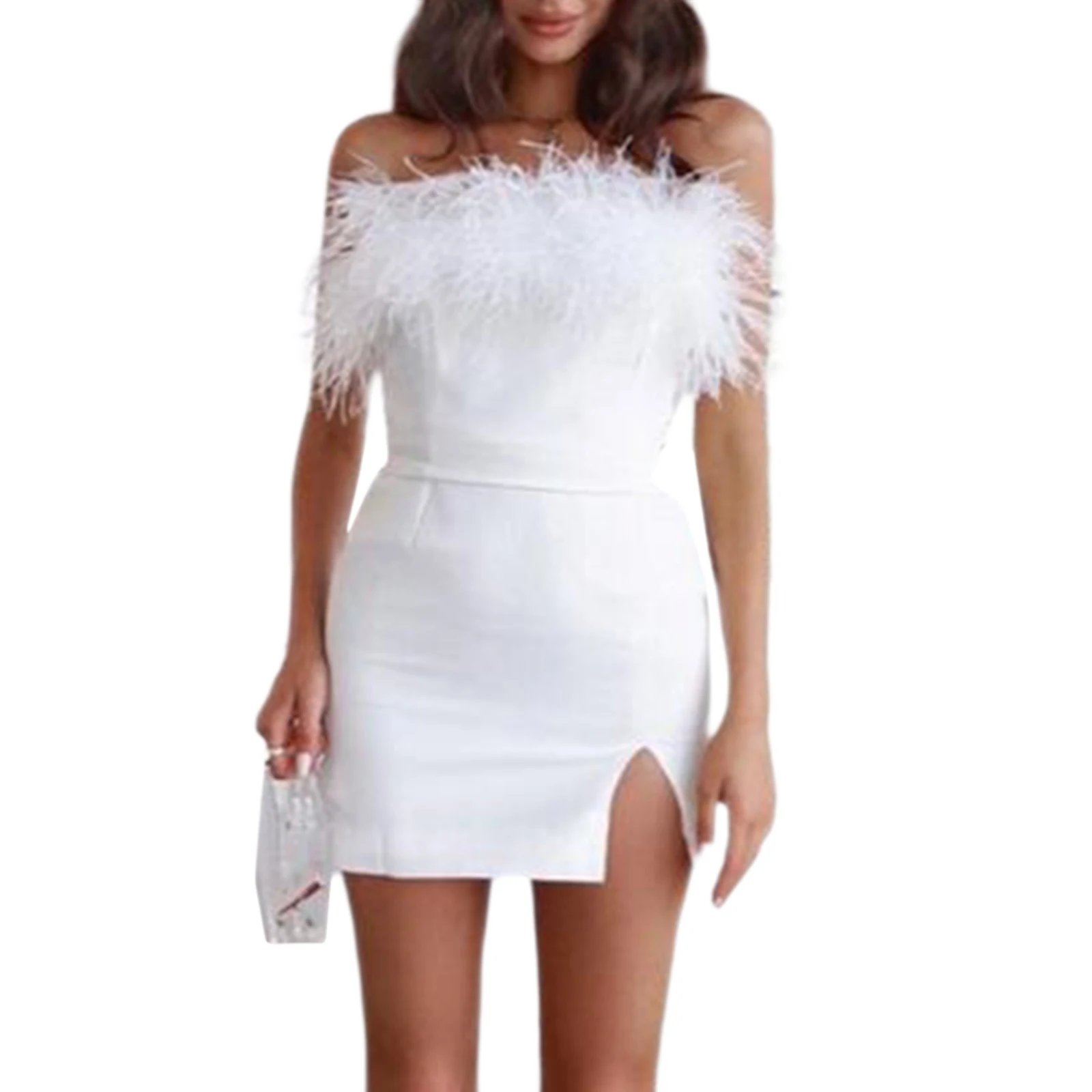 Female Bodycon Dress Summer Solid Color Feathers Boat Neck Sleeveless Sexy Birthday Party White Dress Women Mini Dress