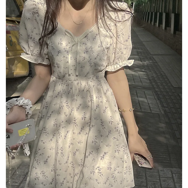 

Мини-платье ТРАПЕЦИЕВИДНОЕ женское, Бандажное нежное праздничное милое элегантное платье с пышными рукавами в Корейском стиле, для колледжа, лето