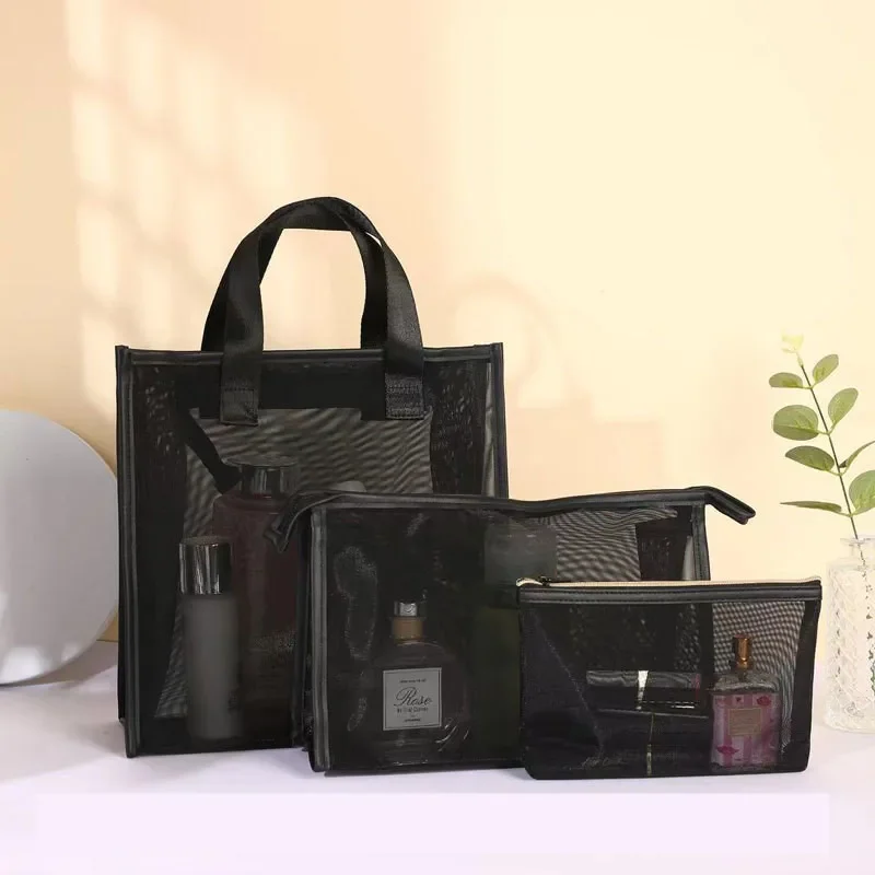 

Multi Specification Cosmetics Bag Black Mesh Handbag Shopping Travel Storage Translucent Durable Skincare Organizing Pouch Items