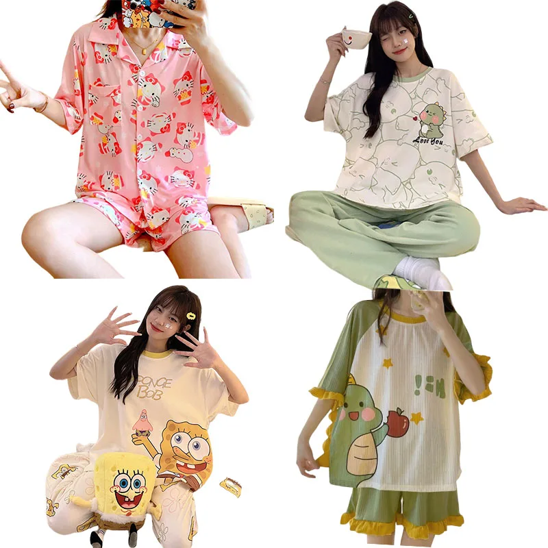 

Sanrios Kawaii Hellokittys Cartoon Summer Pajamas Short Sleeve Shorts Two-Piece Suit Pure Cotton Home Pajamas Christmas Gift