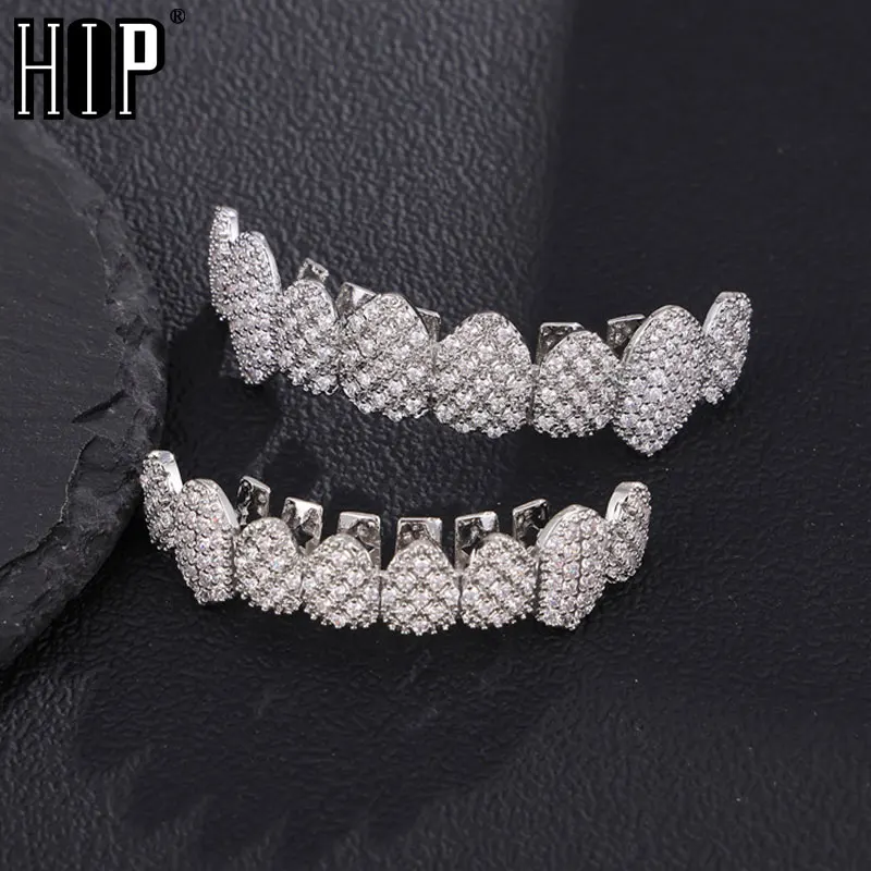 

Hip Hop Full Iced Out CZ Stones Teeth Grillz Caps Cubic Zircon Micro Pave Top&Bottom Charm Grills Set For Men Women Jewelry Gift
