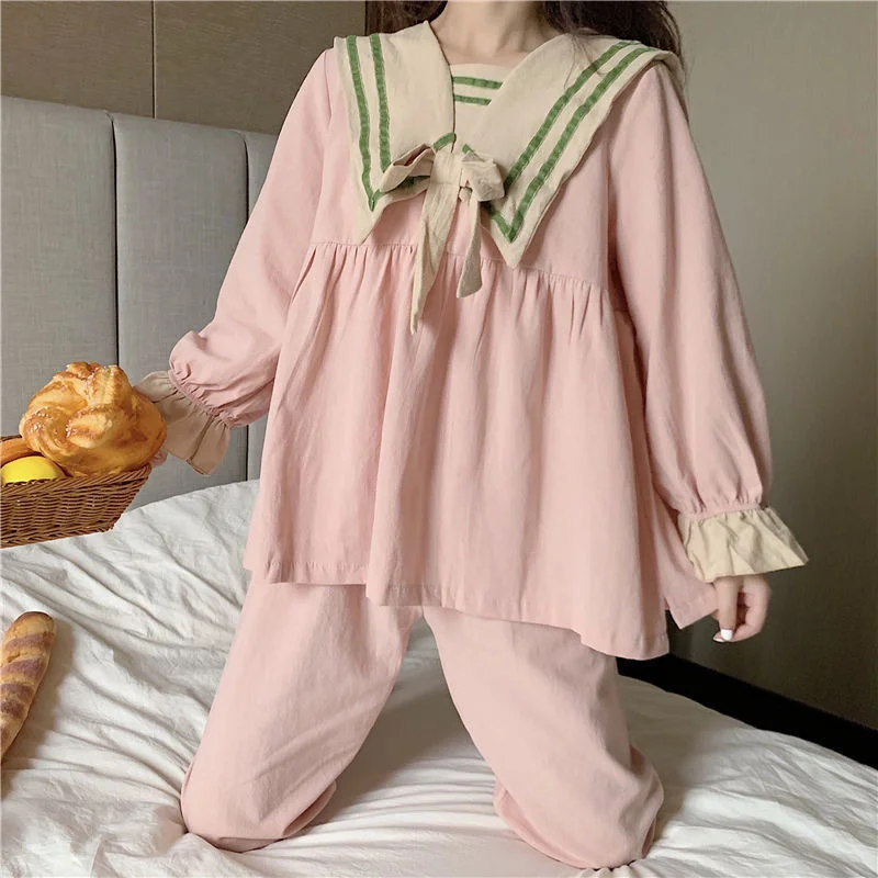 Princess Plaid Pajamas Set Sweet Full-Length Sleepwear For Women Cotton Retro Soft Pyjama Women's Soft Fashion Homewear
