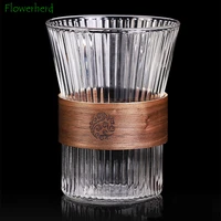 vertical grain glass drinking gass tea cup high borosilicate glass coffee cup with wooden holder insulated single layer cup