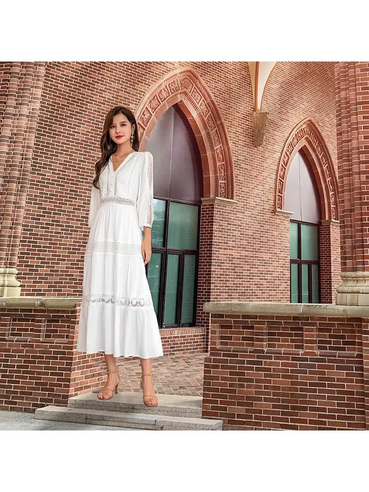 

2023 Spring/Summer Korean Style Vacation Travel Holiday V-Neck White Elegant Embroidery Hollow Out Women Long Dress