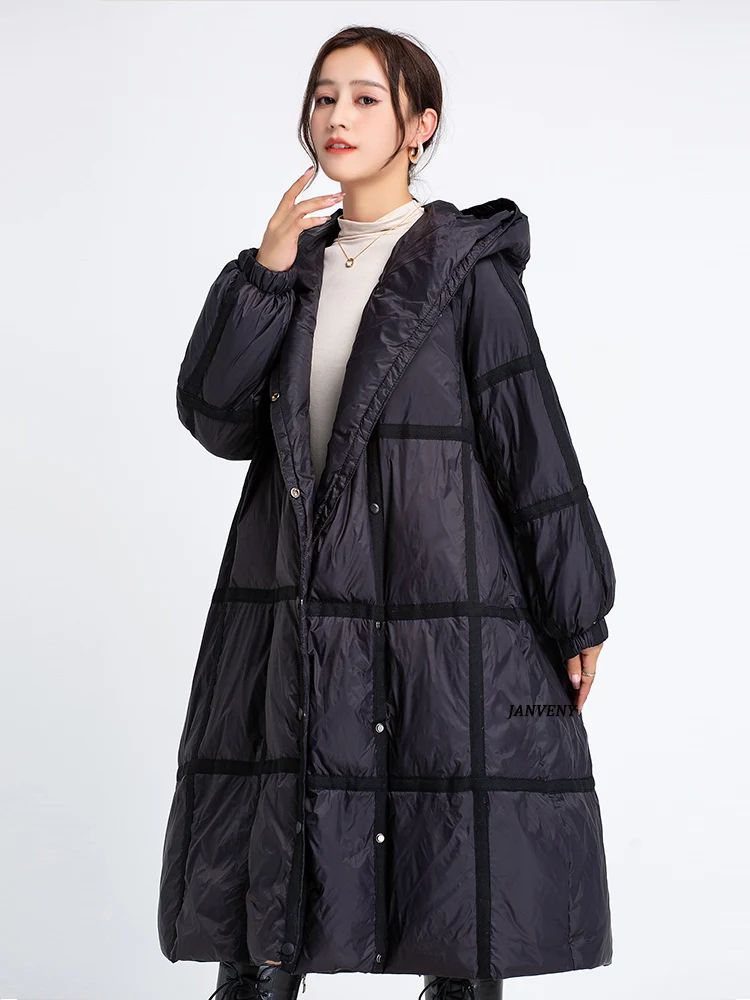 

Janveny 2022 New Fashion Winter Hooded Spliced Puffer Parka Women Long Sleeve Solid Warm 90% White Duck Down Over The Knee Coat