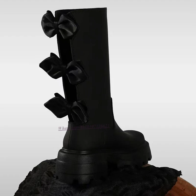 New Bow-embellished Square-toe Thick Sole Mid-Calf Boots Solid Color Fashionable All-match Boots