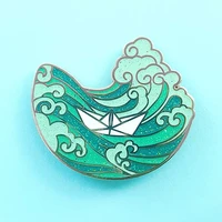 paper boat in the great wave brooch metal badge lapel pin jacket jeans fashion jewelry accessories gift