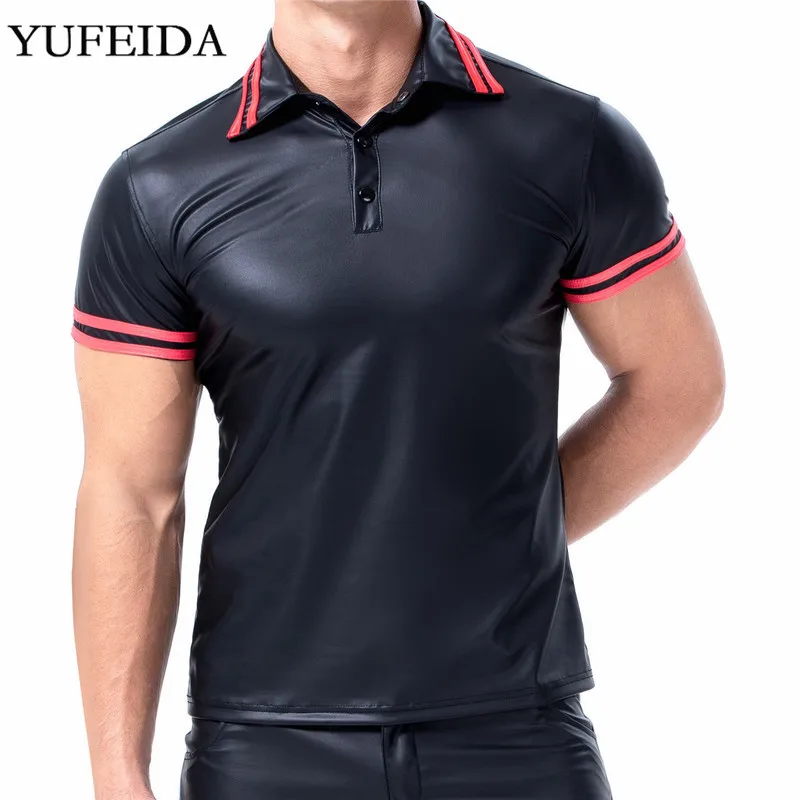 

Футболка мужская из ПУ кожи, Приталенный топ с коротким рукавом, пуловер, Повседневная Красивая рубашка, танцевальная клубная одежда, на лет...