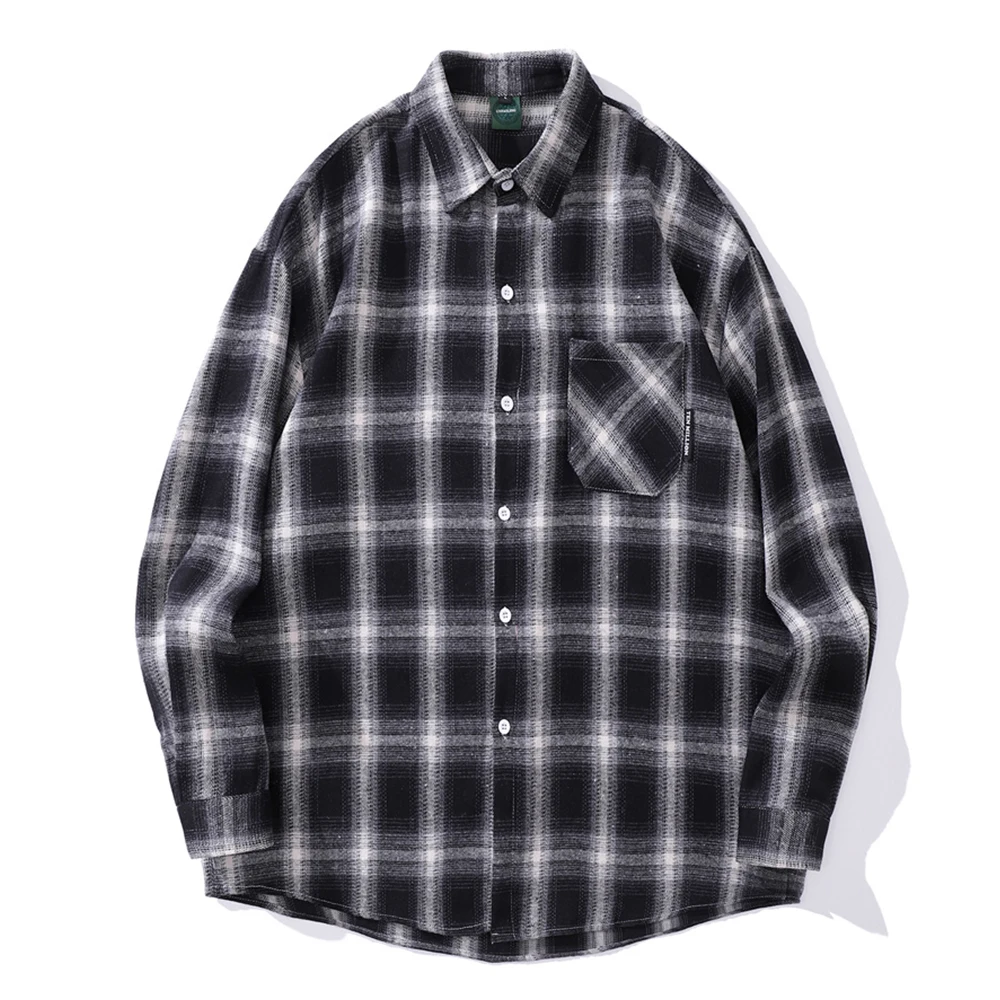 Flannel Classic Black White Plaid Shirt Men Long Sleeve Button Up Casual Men's Shirts