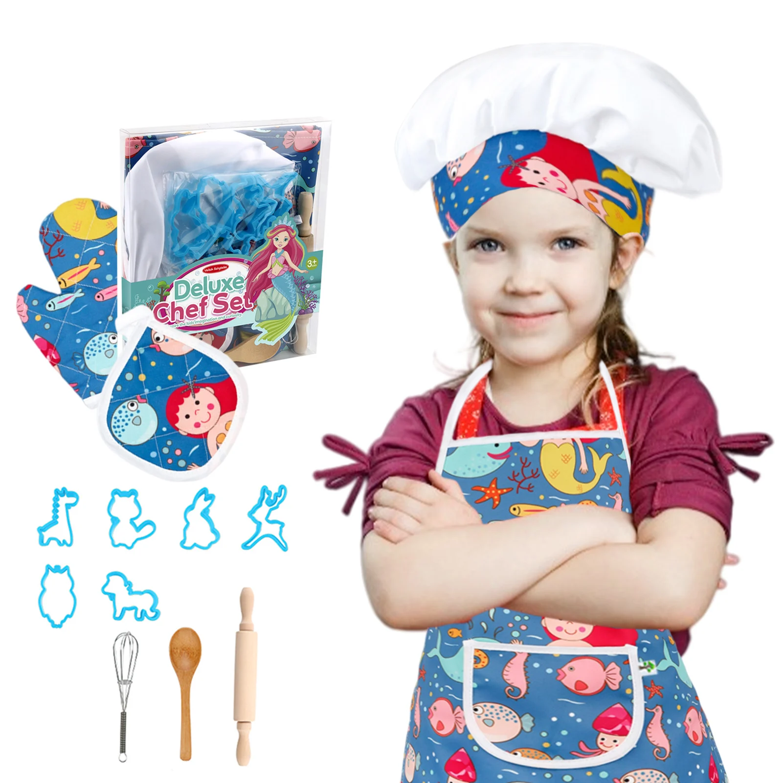 

13 Pcs Apron For Little Girls Kids Cooking Baking Set Chef Hat Mitt & Utensil For Toddler Dress Up Chef Costume Role Play