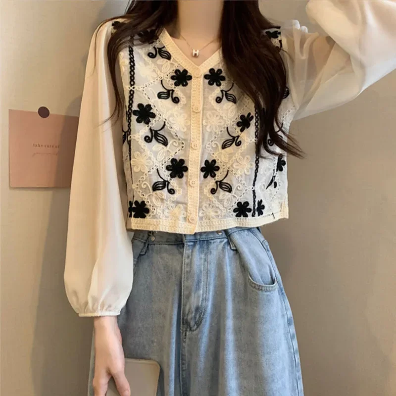 Кружевная рубашка с длинным рукавом и вышивкой 2024 новый дизайн укороченный